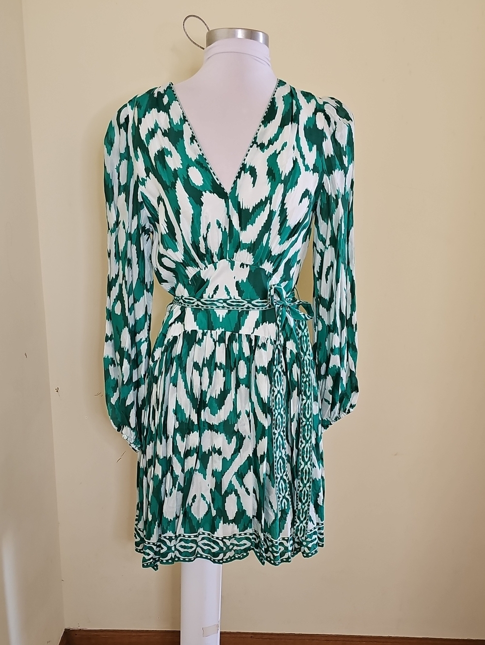 Alex Marie Green and White Printed Long Sleeve Wrap Dress